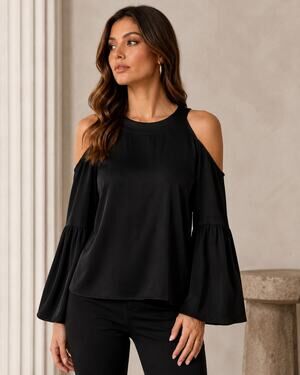 CeCe Black Silky Cold Shoulder‎ Puff Sleeve Top Women’s S